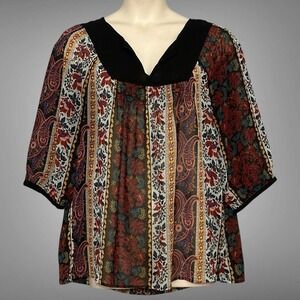 Vintage Carole Little Womens Top Plus 1X Black Paisley Floral Stripe Boho Hippie